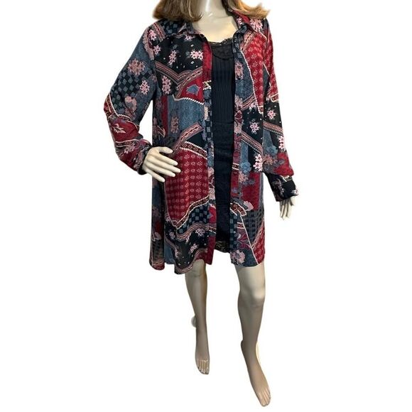 Umgee BOHO Patchwork Oversized Tunic Dress Button Shirt Sheer Floral Sz Medium - Picture 4 of 12